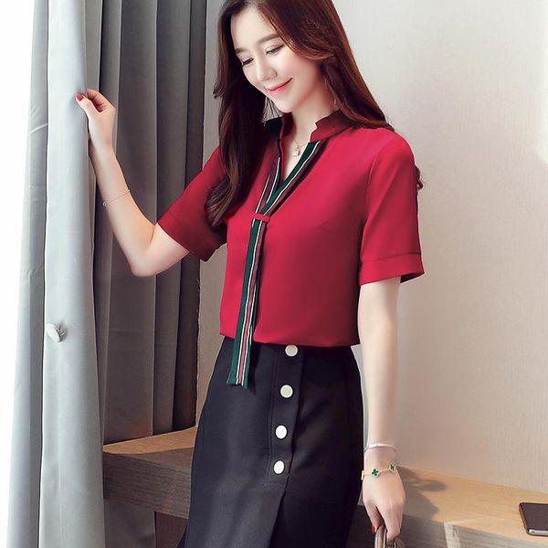 women's blouses & shirts summer fashion chiffon necktie stand-up collar casual ladies shirt short sleeve, White
women's blouses & shirts summer fashion chiffon necktie stand-up collar casual ladies shirt short sleeve, White