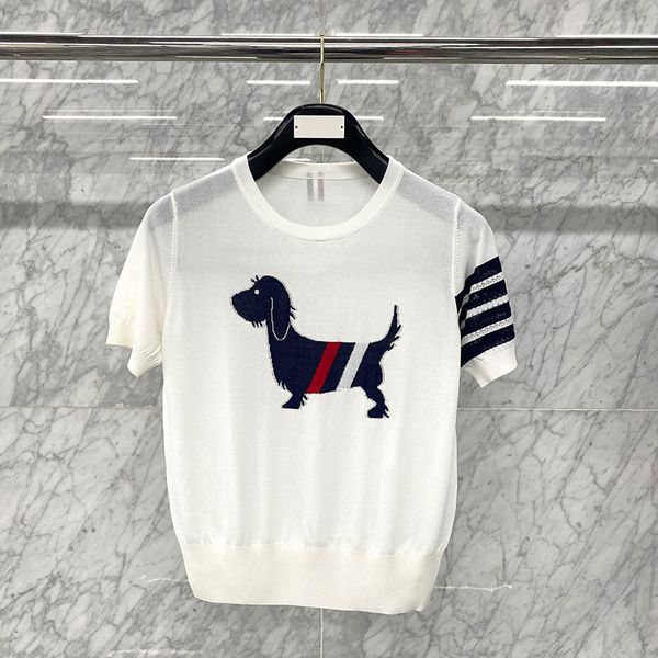 2021 summer new tb four bar striped chest dog jacquard ice hemp knitted short sleeve women's top, White
2021 summer new tb four bar striped chest dog jacquard ice hemp knitted short sleeve women's top, White