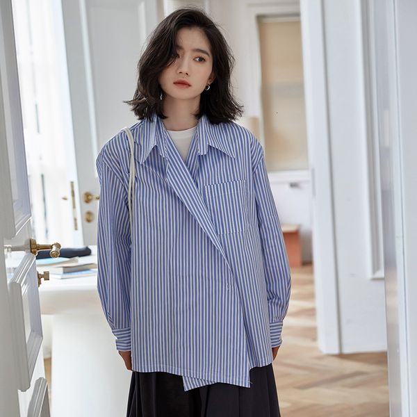 female mode 2021 spring new striped blue shirts irregular design long sleeve shirt b12f, White
female mode 2021 spring new striped blue shirts irregular design long sleeve shirt b12f, White