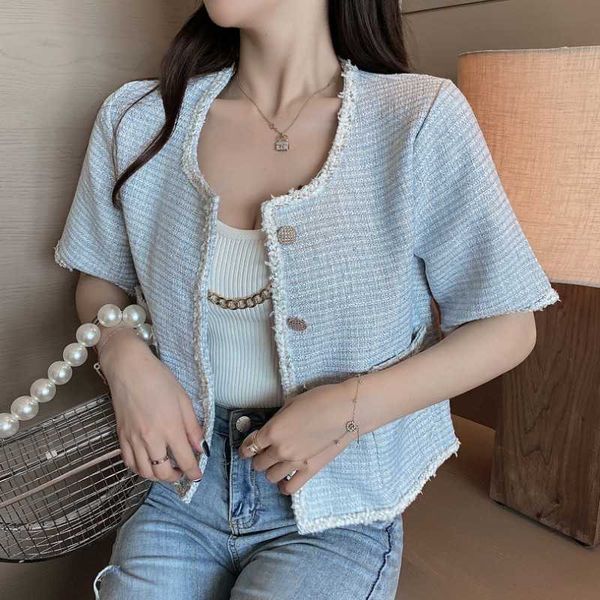 women jackets summer korean chic female o-neck trim double pocket puff sleeved tweed coats 210531, Black;brown
women jackets summer korean chic female o-neck trim double pocket puff sleeved tweed coats 210531, Black;brown