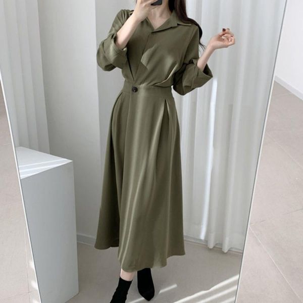 casual dresses 2021 spring autumn fashion women dress solid color lapel a buckle armygreen long sleeve korea ladies, Black;gray
casual dresses 2021 spring autumn fashion women dress solid color lapel a buckle armygreen long sleeve korea ladies, Black;gray
