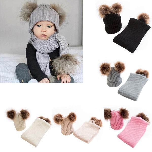 hair accessories pudcoco 2021 baby boy girl toddler infant kids warm winter snow 2pcs scarf knit beanie hat crochet ski ball casual cap 0-24, Slivery;white