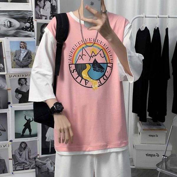 men's t-shirts 2021 summer loose oversized fake two pieces print trend couples wear color matching printed five-sleeve women t-shirt, White;black
men's t-shirts 2021 summer loose oversized fake two pieces print trend couples wear color matching printed five-sleeve women t-shirt, White;black