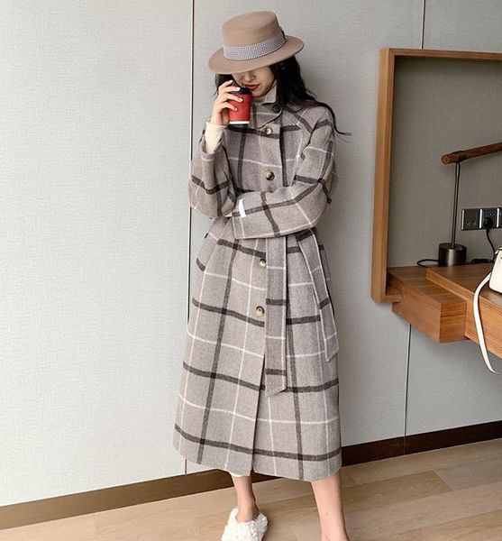 women's wool & blends korean ins style large plaid medium long lapel double-sided handmade coat cashmere, Black
women's wool & blends korean ins style large plaid medium long lapel double-sided handmade coat cashmere, Black