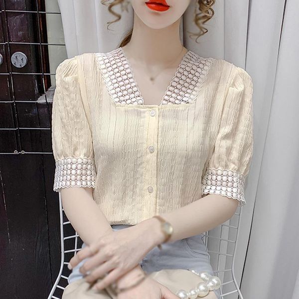 women's blouses & shirts single breasted pleated women spring summer v-neck bubble sleeve lace shirt, White
women's blouses & shirts single breasted pleated women spring summer v-neck bubble sleeve lace shirt, White