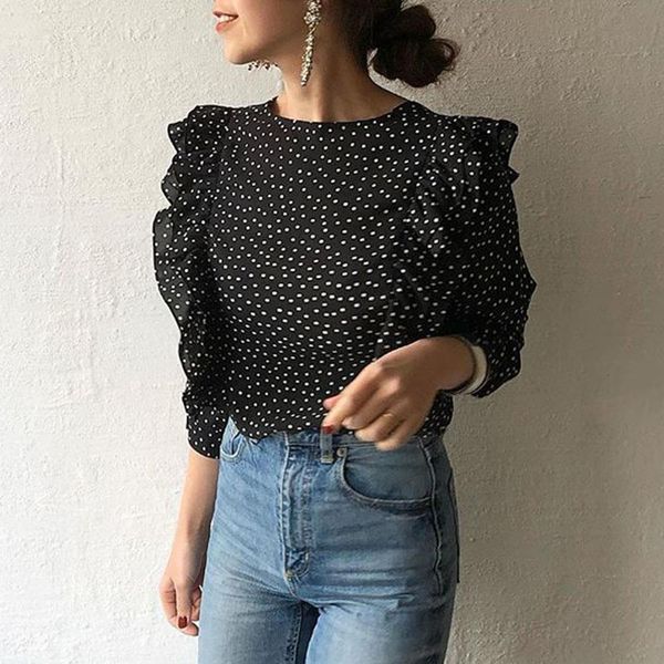 korean chiffon blouse women 2021 long sleeve o neck black polka dots falbala shirts office lady elgant causal shirts, White
korean chiffon blouse women 2021 long sleeve o neck black polka dots falbala shirts office lady elgant causal shirts, White