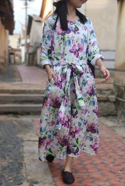 casual dresses autumn preppy purple floral print long sleeve belt waisted women pure linen dress, spring young lady cute flower loose robe, Black;gray
casual dresses autumn preppy purple floral print long sleeve belt waisted women pure linen dress, spring young lady cute flower loose robe, Black;gray