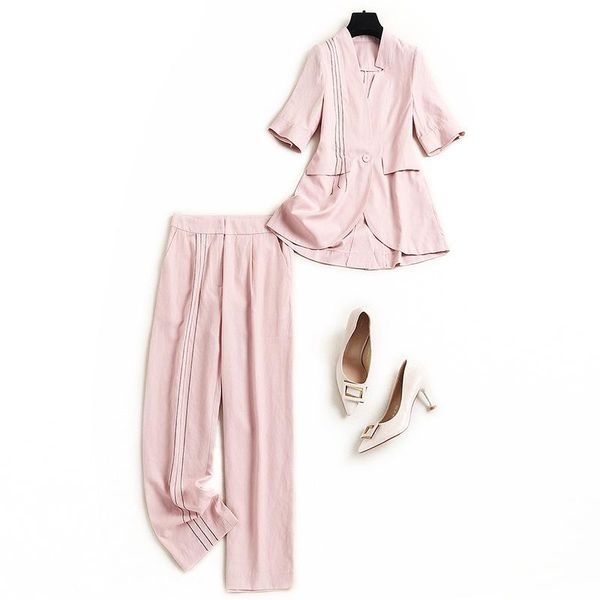women one button casual blazer suits spring summer 2021 short sleeve pink blazers and side striped long pants two piece outfits, White
women one button casual blazer suits spring summer 2021 short sleeve pink blazers and side striped long pants two piece outfits, White