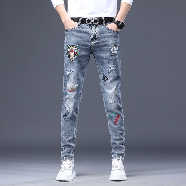 new jeans in spring and summer of 2021 mens wear trend slim fit small feet casual middle waist korean youth pants, Blue
new jeans in spring and summer of 2021 mens wear trend slim fit small feet casual middle waist korean youth pants, Blue