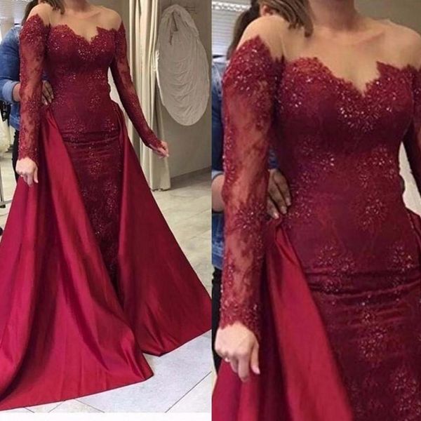 Arabic Sheer Neck Sequins Long Sleeves Prom Dress Satin And Lace Party Gowns Burgundy Mermaid Evening Dresses With overskirt, Custom
Arabic Sheer Neck Sequins Long Sleeves Prom Dress Satin And Lace Party Gowns Burgundy Mermaid Evening Dresses With overskirt, Custom