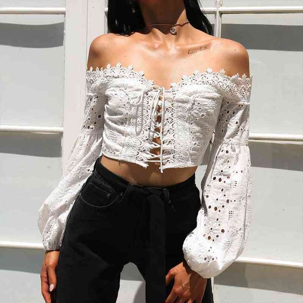 off shoulder women blouses hollow out lace long sleeve fashion bandage solid color lantern, White
off shoulder women blouses hollow out lace long sleeve fashion bandage solid color lantern, White