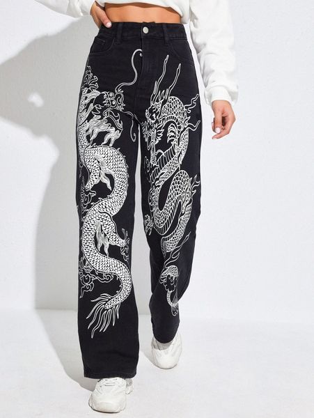 chinese dragon print jeans u04g#, Blue 
chinese dragon print jeans u04g#, Blue