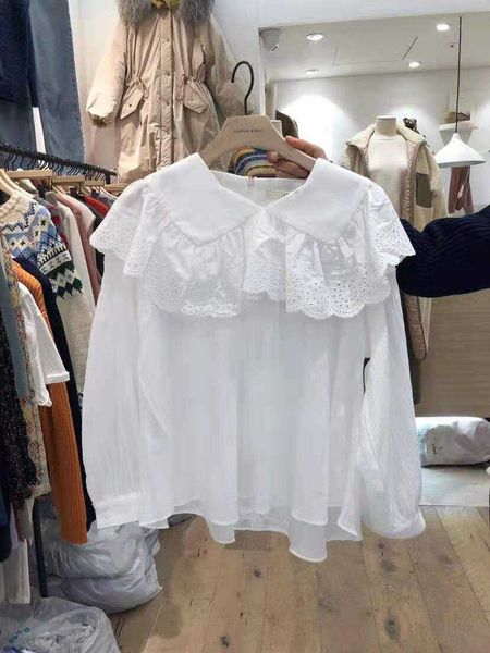 spring sweet lace ruffles patchwork peter pan collar full pullover white shirt women 210615
spring sweet lace ruffles patchwork peter pan collar full pullover white shirt women 210615