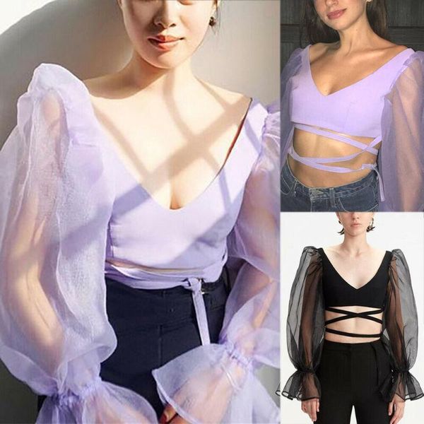 women's t-shirt nightclub perspective exposed underwear women mesh sheer crop long sleeve transparent tee, White
women's t-shirt nightclub perspective exposed underwear women mesh sheer crop long sleeve transparent tee, White