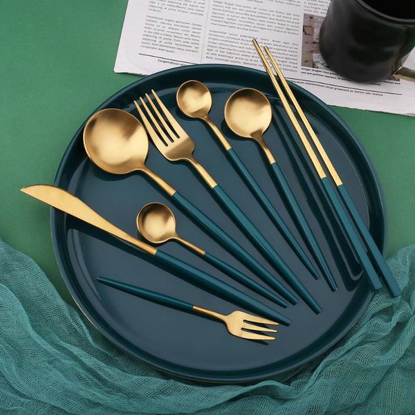 flatware sets green gold nordic style stainless steel spoon fork knife chopstick steak knives soup table for kitchen
flatware sets green gold nordic style stainless steel spoon fork knife chopstick steak knives soup table for kitchen
