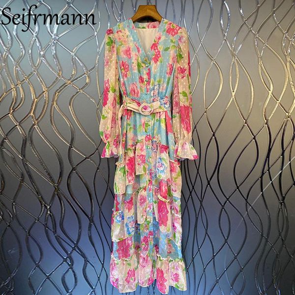 casual dresses seifrmann 2021 autumn women fashion designer holiday long dress flare sleeve sashes ruffles floral printed elegant, Black;gray
casual dresses seifrmann 2021 autumn women fashion designer holiday long dress flare sleeve sashes ruffles floral printed elegant, Black;gray