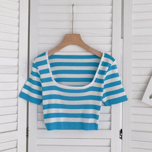 women's t-shirt 2021 summer fashion temperament square collar striped knitted short sleeve kk483, White
women's t-shirt 2021 summer fashion temperament square collar striped knitted short sleeve kk483, White