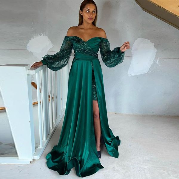 green off shoulder split evening dresses long sleeves sequins satin sweep train formal prom gowns, Black;red
green off shoulder split evening dresses long sleeves sequins satin sweep train formal prom gowns, Black;red