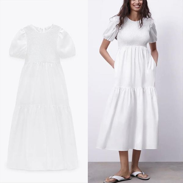 za pleated midi white short women dress puff sleeve o neck smocked elastic party dresses woman fashion back opening, Black;gray 
za pleated midi white short women dress puff sleeve o neck smocked elastic party dresses woman fashion back opening, Black;gray