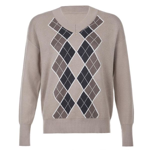 women vintage preppy style v-neck sweater contrast color argyle plaid pullover long sleeve casual loose knit jumper, White;black
women vintage preppy style v-neck sweater contrast color argyle plaid pullover long sleeve casual loose knit jumper, White;black