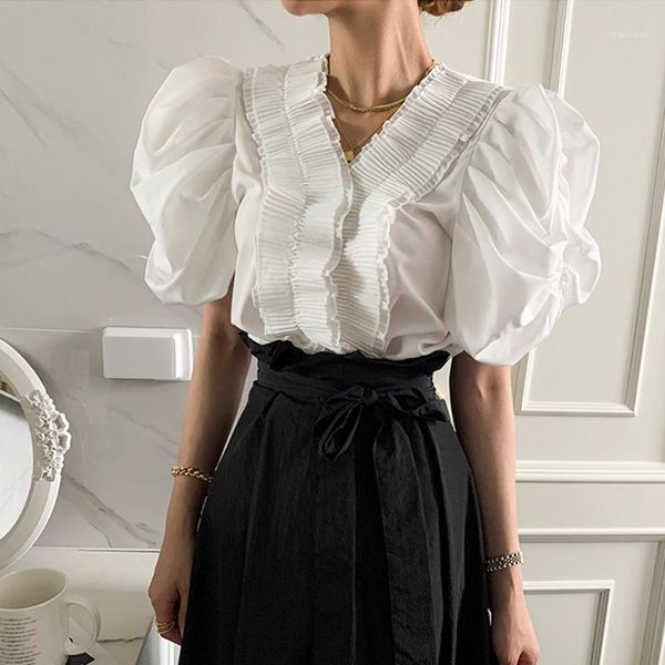 women's blouses & shirts fashion design pleated v-neck blouse summer solid color japanese style temperament splicing puff sleeve 2021, White
women's blouses & shirts fashion design pleated v-neck blouse summer solid color japanese style temperament splicing puff sleeve 2021, White