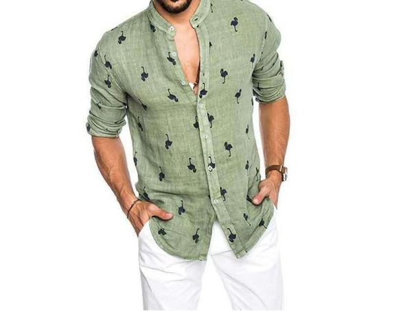 2021 long sleeve flamingo printed linen casual shirt men's top, White;black 
2021 long sleeve flamingo printed linen casual shirt men's top, White;black