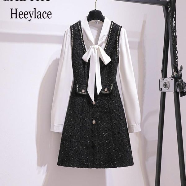 work dresses office ladies elegant tweed two piece set dress autumn women bow collar white shirt + woolen gold line button vest suit, White;black
work dresses office ladies elegant tweed two piece set dress autumn women bow collar white shirt + woolen gold line button vest suit, White;black