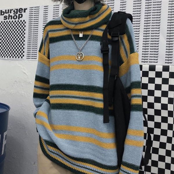 women's sweaters korean ins trend street winter loose knit sweater men and women striped turtleneck pullover, White;black
women's sweaters korean ins trend street winter loose knit sweater men and women striped turtleneck pullover, White;black