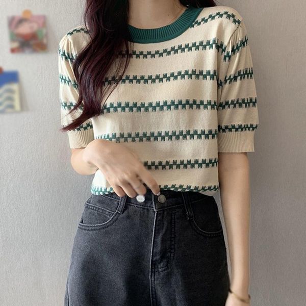 women's t-shirt women striped round neck t-shirts summer short-sleeved knitted loose, White
women's t-shirt women striped round neck t-shirts summer short-sleeved knitted loose, White