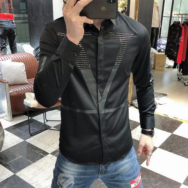 men's casual shirts rhinestone letter men long sleeve business dress shirt slim streetwear social nightclub chemise homme, White;black
men's casual shirts rhinestone letter men long sleeve business dress shirt slim streetwear social nightclub chemise homme, White;black