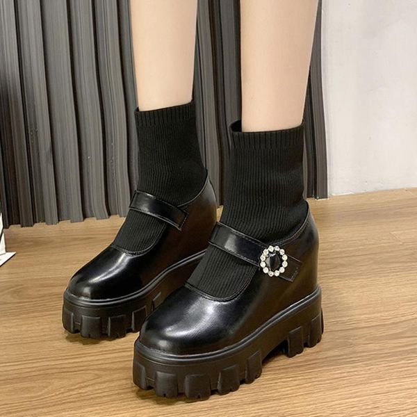 boots hidden heels elastic knitted ankle women fashion crystal buckle chunky platform woman pu leather sock booties, Black
boots hidden heels elastic knitted ankle women fashion crystal buckle chunky platform woman pu leather sock booties, Black