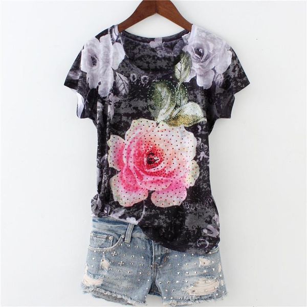 fashion drilling rose double print t shirt women 2021 new arrival short sleeve silk cotton thin -5xl, White 
fashion drilling rose double print t shirt women 2021 new arrival short sleeve silk cotton thin -5xl, White