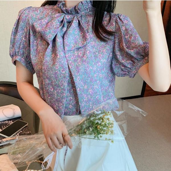 women's blouses & shirts vintage purple floral print women blouse summer chic bow collar puff sleeve chiffon shirt lady french style el, White 
women's blouses & shirts vintage purple floral print women blouse summer chic bow collar puff sleeve chiffon shirt lady french style el, White