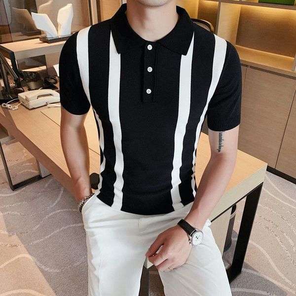 men's polos contrast color breathable 2021 trend fashion men short-sleeved striped t-shirt british slim lapel knitted casual shirt, White;black
men's polos contrast color breathable 2021 trend fashion men short-sleeved striped t-shirt british slim lapel knitted casual shirt, White;black