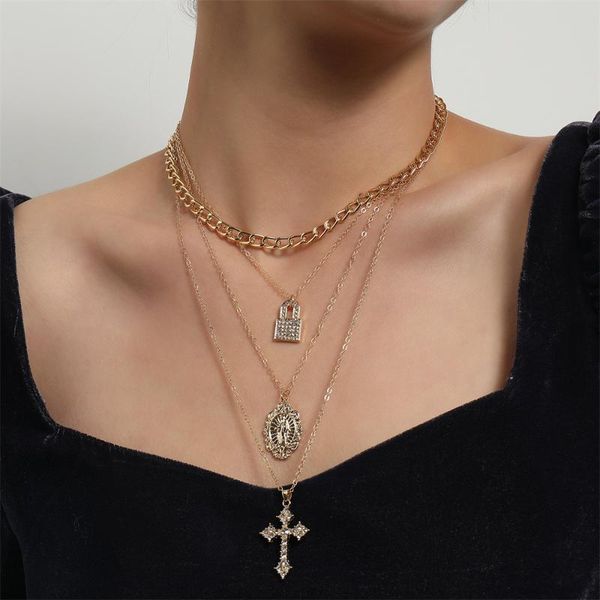 pendant necklaces vintage multilayer chain charm lock necklace for women punk luxury crystal cross statement party jewelry gift, Silver
pendant necklaces vintage multilayer chain charm lock necklace for women punk luxury crystal cross statement party jewelry gift, Silver