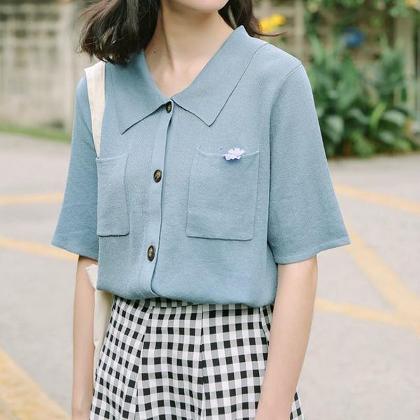 korean chic turn-down collar short sleeve knit t-shirt women vintage womens summer casual pocket buttons tshirt, White
korean chic turn-down collar short sleeve knit t-shirt women vintage womens summer casual pocket buttons tshirt, White