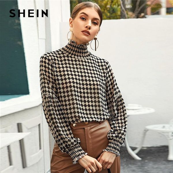 women's blouses & shirts shein multicolor frill shirred high neck checkerboard blouse women spring lantern sleeve office lady plaid ele, White
women's blouses & shirts shein multicolor frill shirred high neck checkerboard blouse women spring lantern sleeve office lady plaid ele, White
