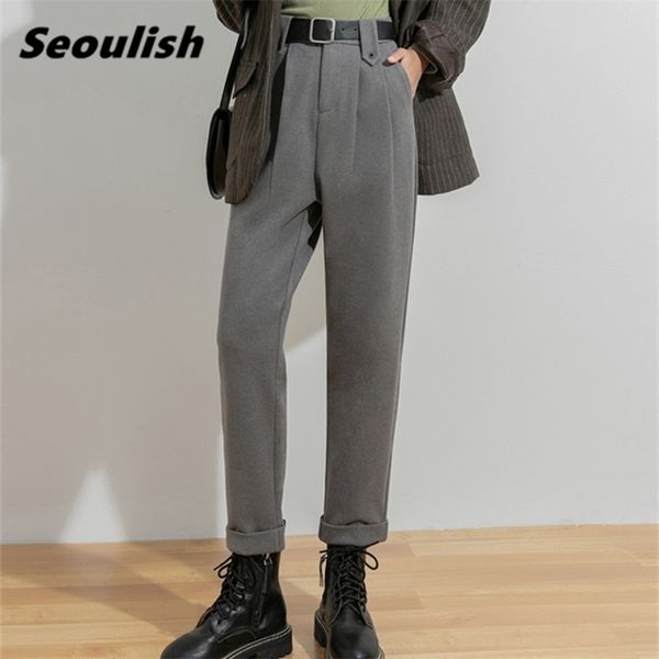 autumn winter solid woolen formal women's harem pants with belt high waist office lady loose ankle-length pocket 211115, Black;white
autumn winter solid woolen formal women's harem pants with belt high waist office lady loose ankle-length pocket 211115, Black;white
