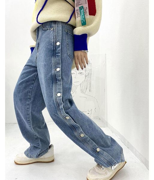 women's jeans y2k retro 90s streetwear pants vintage loose long straight oversize wide leg high waist side button, Blue
women's jeans y2k retro 90s streetwear pants vintage loose long straight oversize wide leg high waist side button, Blue