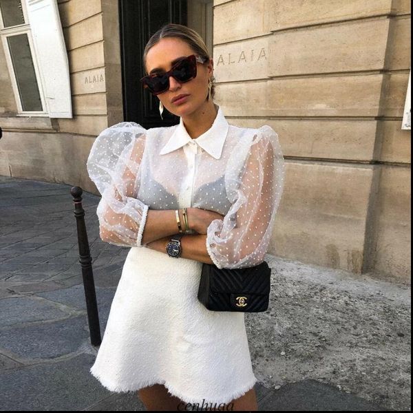 women floral embroidery mesh sheer see through blouse shirts blouse 3 4 puff sleeve polka dot soft loose slim outwear, White
women floral embroidery mesh sheer see through blouse shirts blouse 3 4 puff sleeve polka dot soft loose slim outwear, White