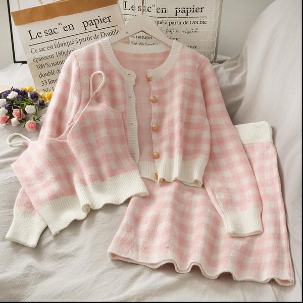 sweet plaid three piece womens new o neck single breasted long sleeved loose sweater with short strap two piece set skirt, Gray
sweet plaid three piece womens new o neck single breasted long sleeved loose sweater with short strap two piece set skirt, Gray