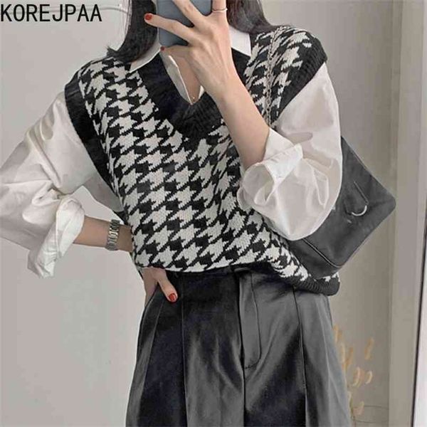 korejpaa woman vest sets korean autumn fashion wild v-neck bird check knitted vests and loose solid long sleeve shirt 210819, Black;white
korejpaa woman vest sets korean autumn fashion wild v-neck bird check knitted vests and loose solid long sleeve shirt 210819, Black;white