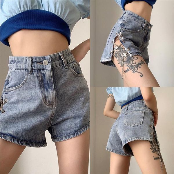 women's jeans women denim shorts fashion solid color streetwear personality side split metal chain high-waist high street, Blue
women's jeans women denim shorts fashion solid color streetwear personality side split metal chain high-waist high street, Blue