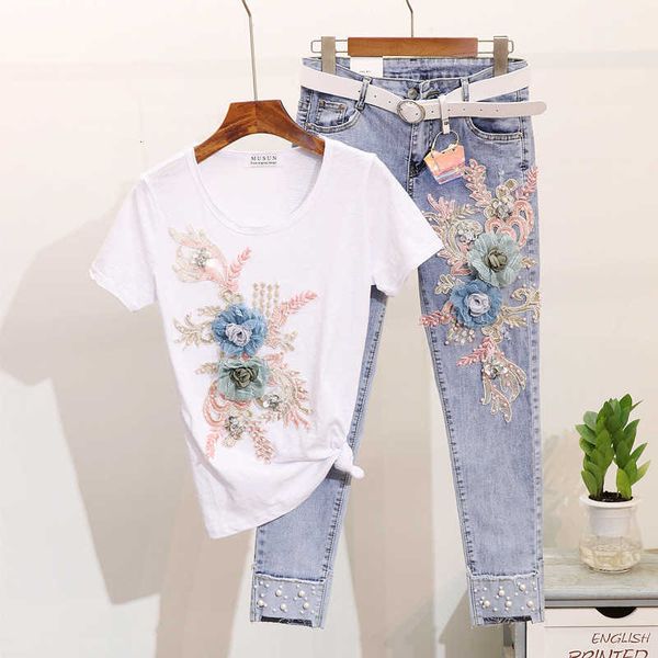 two piece dress summer short sleeve set women heavy work embroidery 3d flower tshirts + pearl jeans 2 casual long pants suit grk9, White
two piece dress summer short sleeve set women heavy work embroidery 3d flower tshirts + pearl jeans 2 casual long pants suit grk9, White