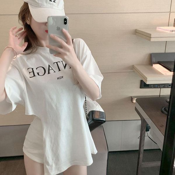 women's t-shirt 2021spring and summer fashion letter short-sleeved scheming design sense girl open waist hollow two-wear top, White
women's t-shirt 2021spring and summer fashion letter short-sleeved scheming design sense girl open waist hollow two-wear top, White