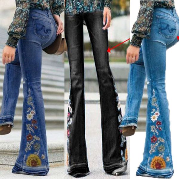 denim wide leg pants embroidered embroidery denim, Blue