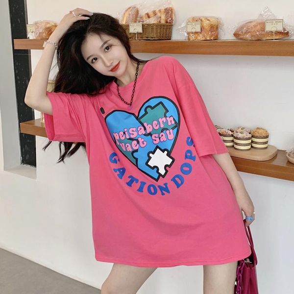 women's t-shirt woman tshirts pink love short-sleeved summer style net red slim and loose mid-length top, White
women's t-shirt woman tshirts pink love short-sleeved summer style net red slim and loose mid-length top, White