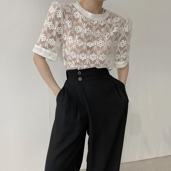 women's two piece pants temperament round neck embroidery see-through organza shirt + buttoned high waist loose wide-leg casual kk271, White
women's two piece pants temperament round neck embroidery see-through organza shirt + buttoned high waist loose wide-leg casual kk271, White