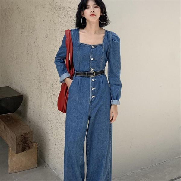 women's two piece pants spring streetwear blue denim button casual women jumpsuit long sleeve pocket tooling loose female y352, White
women's two piece pants spring streetwear blue denim button casual women jumpsuit long sleeve pocket tooling loose female y352, White
