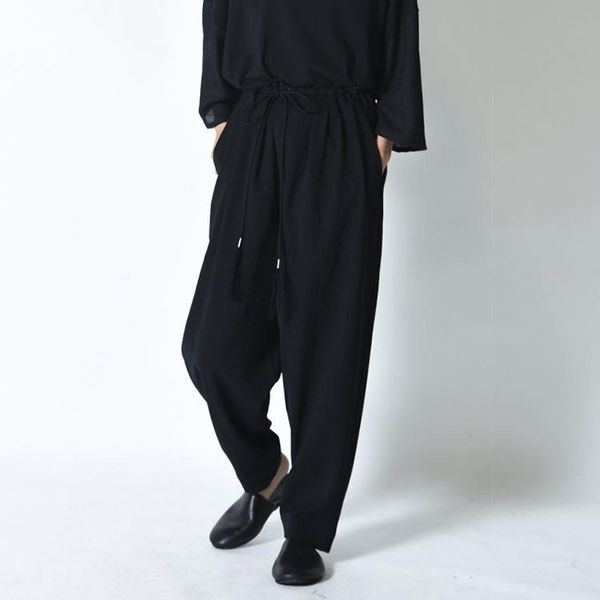 men's pants trendy elastic waist casual loose harem dark high men, Black